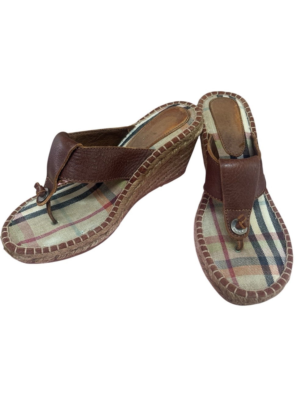 Burberry Brown Wedge Thong Sandals with Plaid Insole